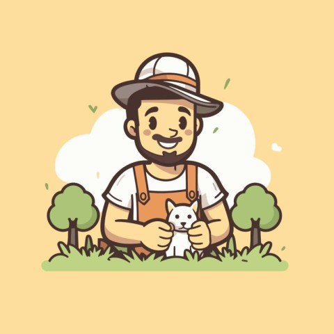 Vector illustration of a farmer holding a cat. Cute cartoon char