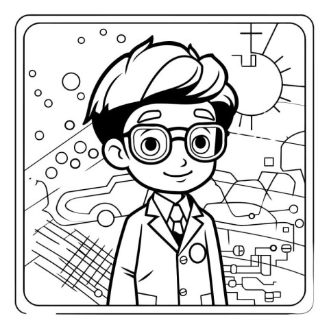 Vector illustration of a boy in a lab coat and glasses on a map