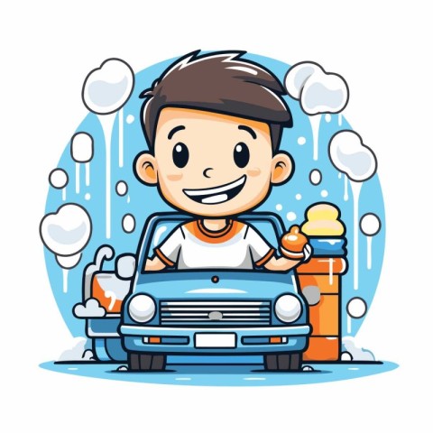 Cute boy washing his car in the rain cartoon vector illustration