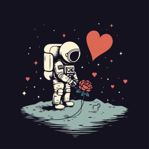 Astronaut with heart and rose on the moon. Vector illustration.