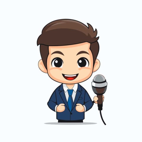 Businessman with microphone over white background. Vector illust