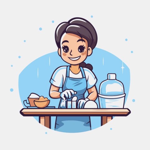 Cute cartoon woman washing dishes in the kitchen. Vector illustr