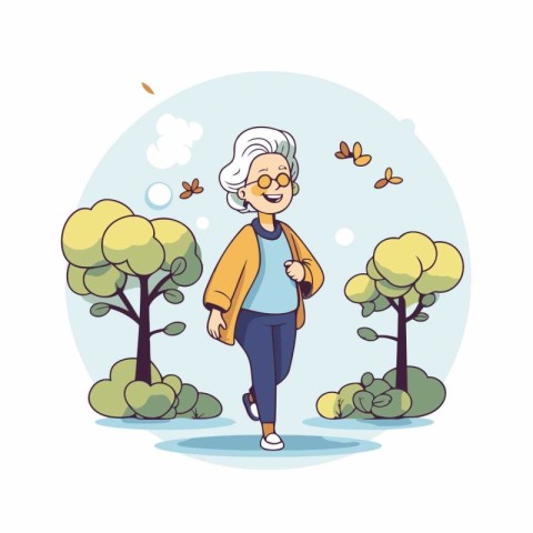 Old woman walking in the park. Vector illustration in cartoon st