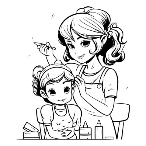 Mother and daughter doing makeup. Black and white vector illustr