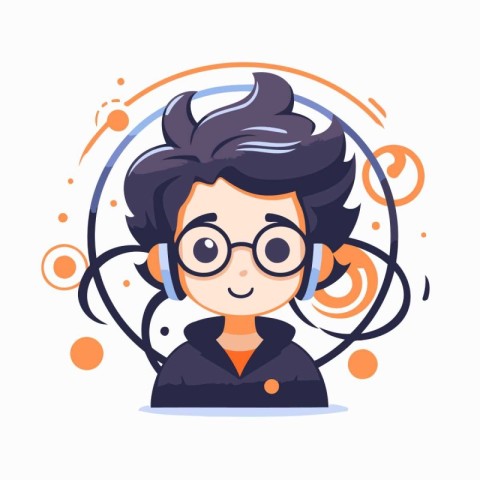 Cute boy with glasses and headphones. Vector illustration in a f