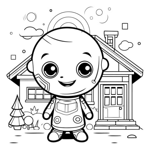 Black and White Cartoon Illustration of Cute Baby Boy Character