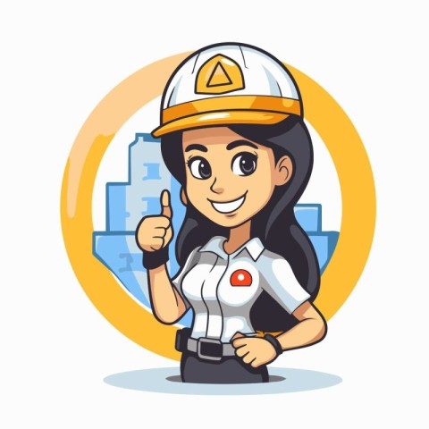 Firefighter woman with helmet and thumbs up. Cartoon vector illu