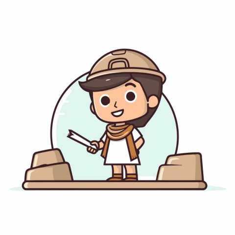 Cute little boy in safari costume holding map cartoon vector ill