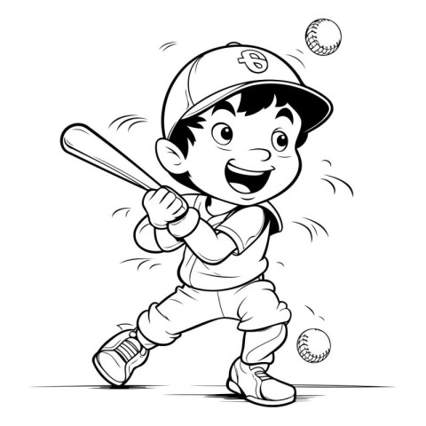 Cartoon Little Boy Playing Baseball - Black and White Illustrati