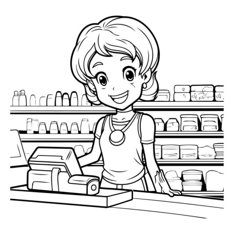 Black and White Cartoon Illustration of Cute Little Girl Shoppin