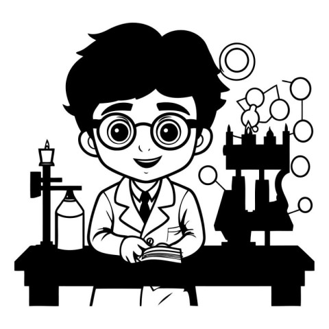 school boy with book and science icons black and white vector il