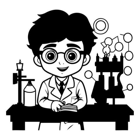 school boy with book and science icons black and white vector il