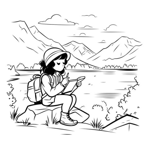 Hiking woman with a backpack and a map. Vector illustration.