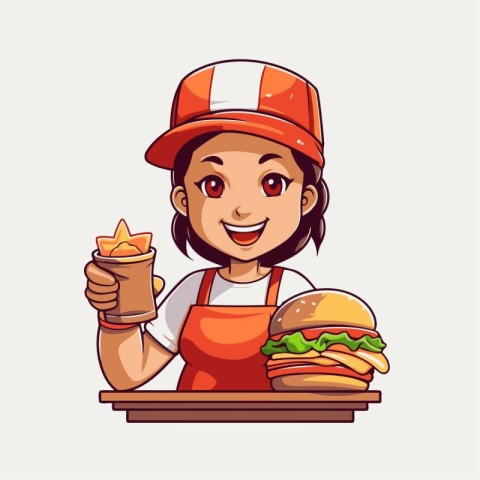 Cartoon girl in uniform holding hamburger and drink. Vector illu