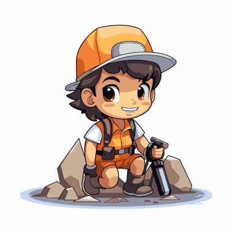 Cartoon vector illustration of a boy miner sitting on a rock wit