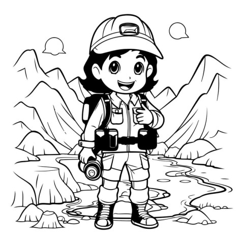 Hiker Girl with Camera - Black and White Cartoon Illustration. V