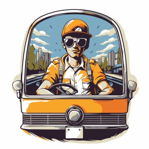 Hipster man driving a bus. Vector illustration for your design