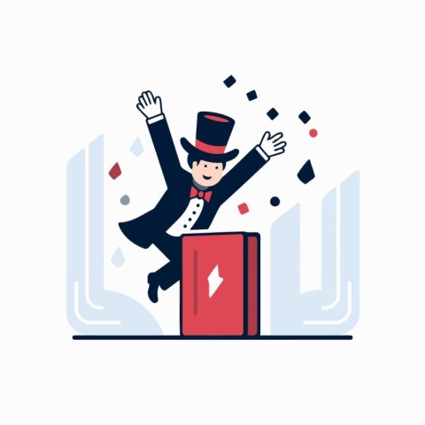 Magician in top hat jumping from podium. Vector flat illustratio