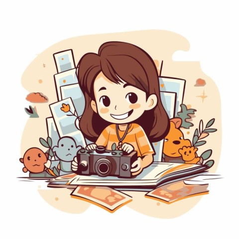 Cute little girl with camera and books at home. Vector illustrat