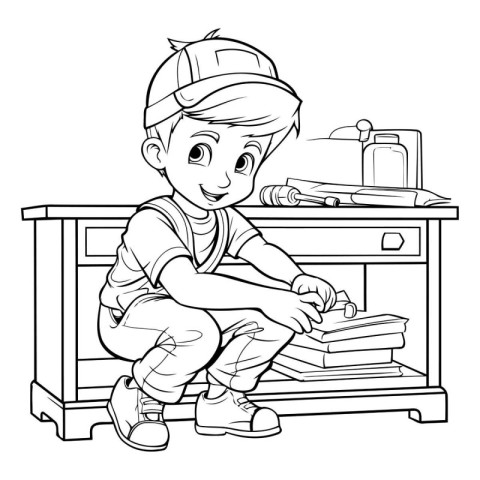 Coloring Page Outline Of a Cute Little Boy Carrying Books