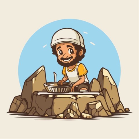 Cartoon character of a boy in a cap and overalls on the rocks