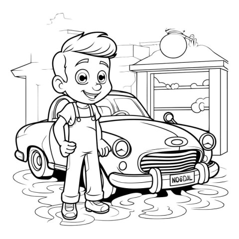 Black and White Cartoon Illustration of Kid Boy Carrying a Car f