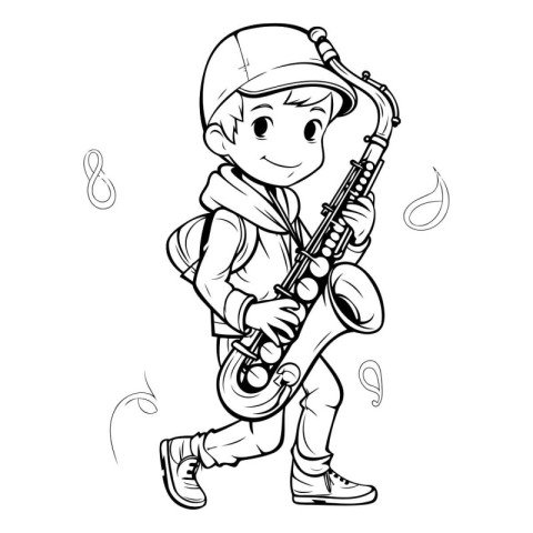 Boy playing saxophone - black and white vector illustration for