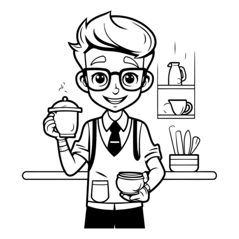 Barista with coffee cup cartoon black and white vector illustrat