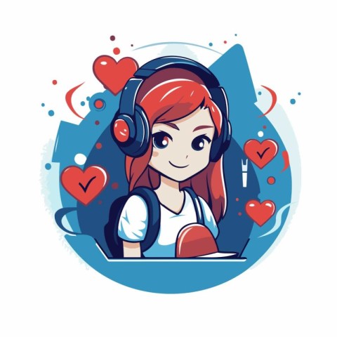 Cute girl with headphones and laptop. Vector illustration in car