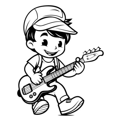 Little Boy Playing Guitar - Black and White Cartoon Illustration