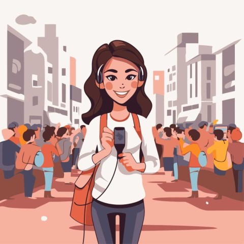 Young woman walking in the city with mobile phone. Vector illust