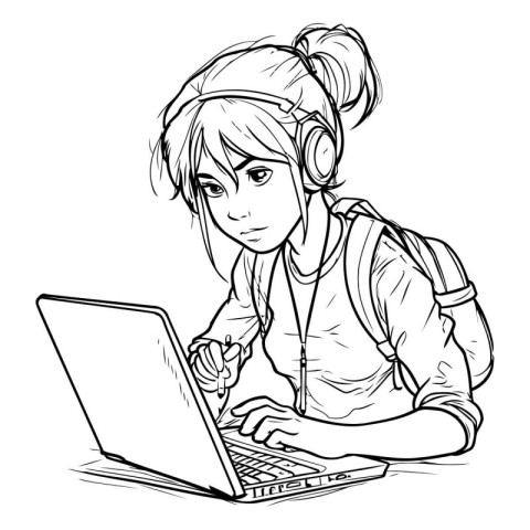 Teenager girl with a laptop. Black and white vector illustration