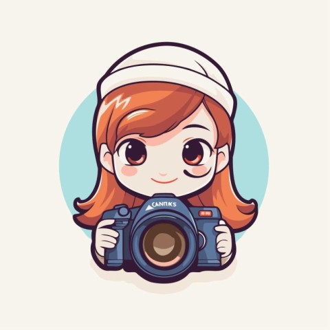 Cute cartoon girl photographer with camera. Vector illustration