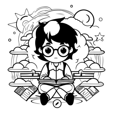 Black and White Cartoon Illustration of Cute Little Girl Reading