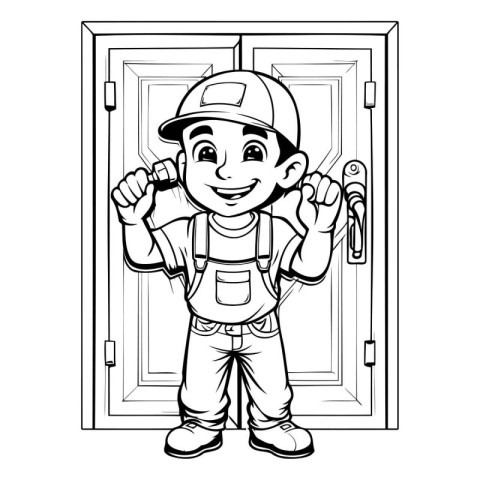 Black and White Cartoon Illustration of Cute Fireman or Fireman