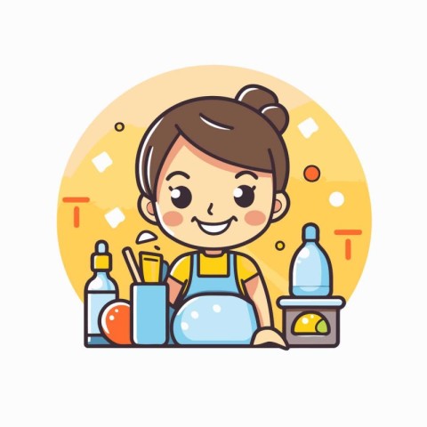 Cute little girl cleaning the house. Colorful flat vector illust