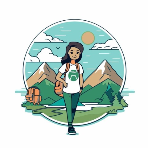 Hiking woman with backpack and mountain landscape round icon vec