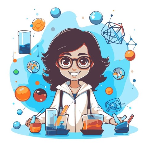 Scientist girl with science equipment. Vector illustration in ca