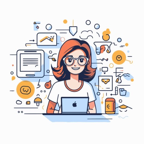 Young woman working on laptop at home. Vector illustration in li