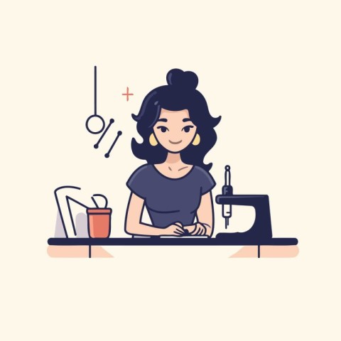 Vector illustration of a seamstress working at the sewing machin