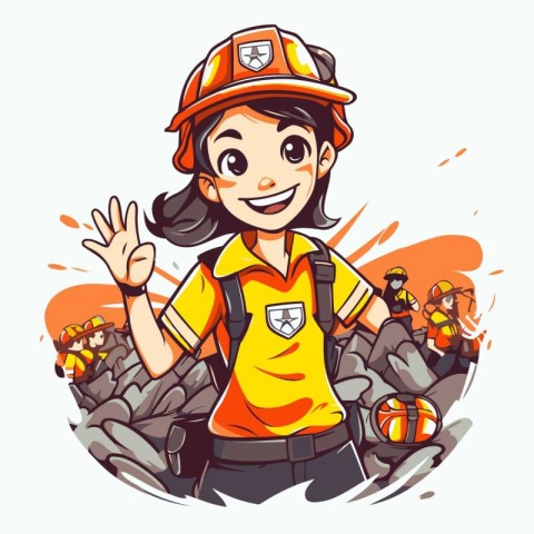 Firefighter girl in uniform and helmet showing okay gesture. Vec