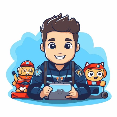 Cute cartoon boy playing video games. Vector illustration in a f