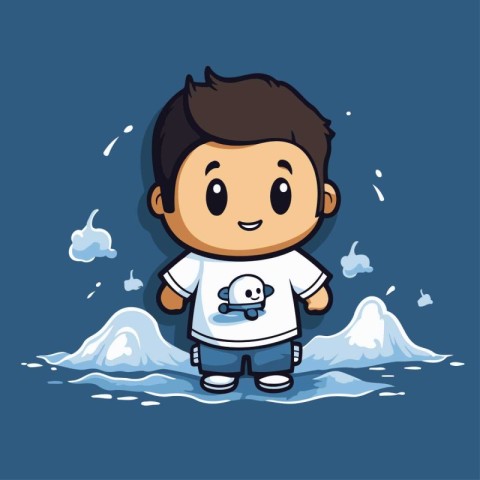 Cute cartoon boy on the background of the sea. Vector illustrati