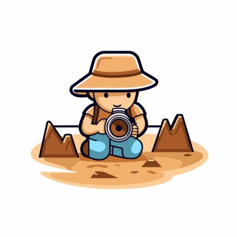 Cute little boy playing with a camera in the desert. Vector illu