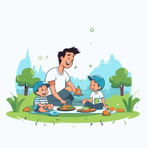 Father and children having picnic in park. Vector illustration i