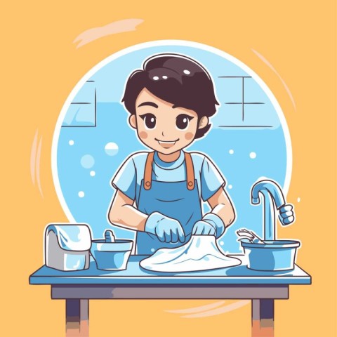 Vector illustration of a girl washing dishes. Cute cartoon style