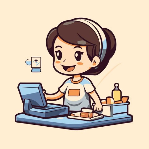 Vector illustration of a girl working with a laptop in the kitch