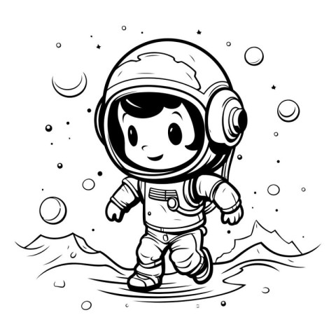 Astronaut in outer space. Black and white vector illustration.