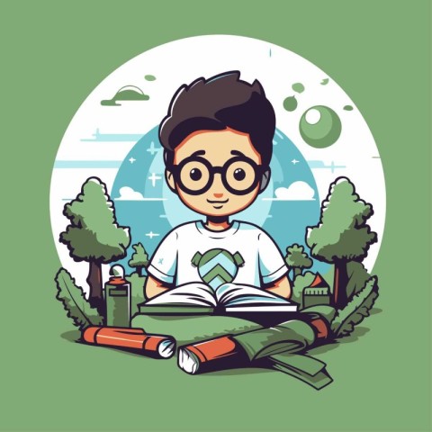 Boy reading a book in the park. Vector illustration in cartoon s