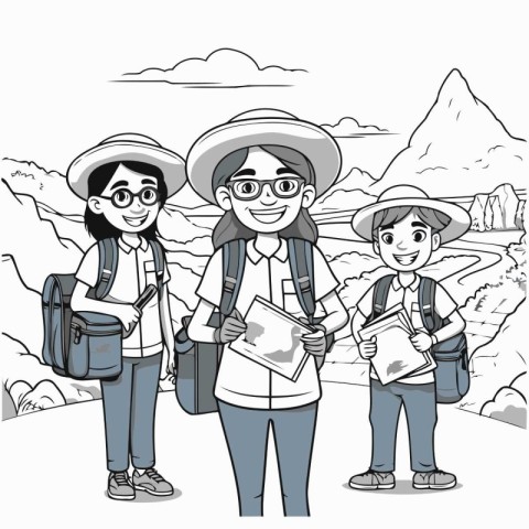 Tourist girls with backpack and map design. Travel vacation trip